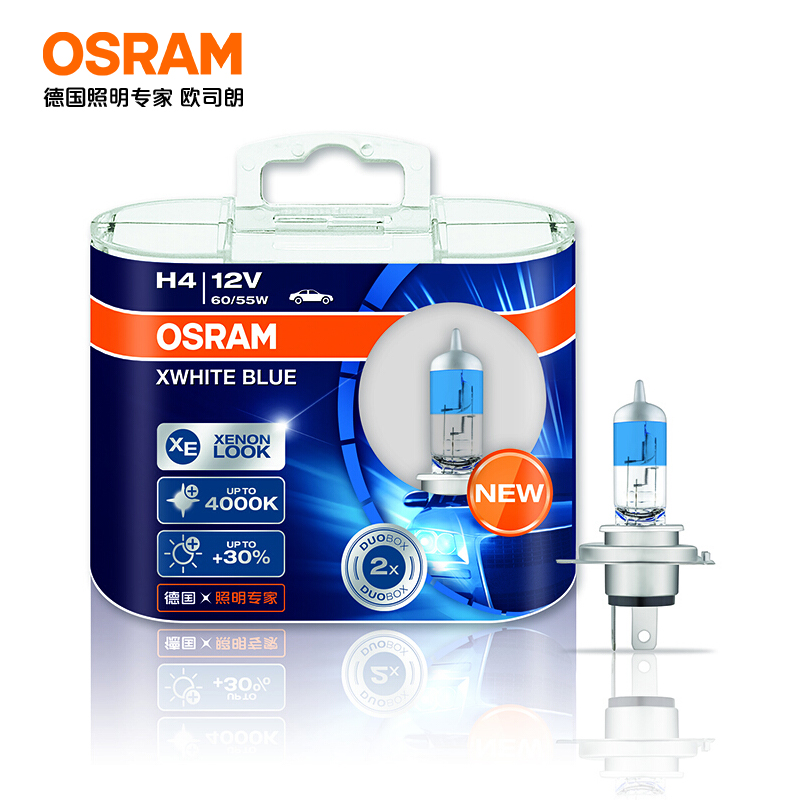欧司朗（OSRAM）汽车灯泡大灯远光灯近光卤素灯 亮白蓝H4【4000K】12V 60/55W